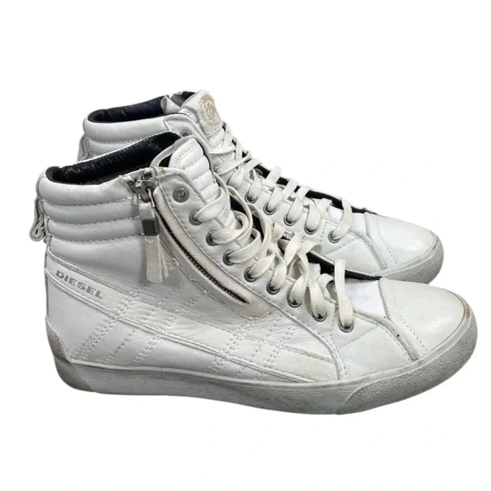 Diesel D-String Plus White Leather High Top Sneakers Mens 8 Y01169 P0878‎ T1003
